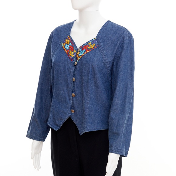 90’s embroidered denim shirt / approx Large - Picture 4 of 8